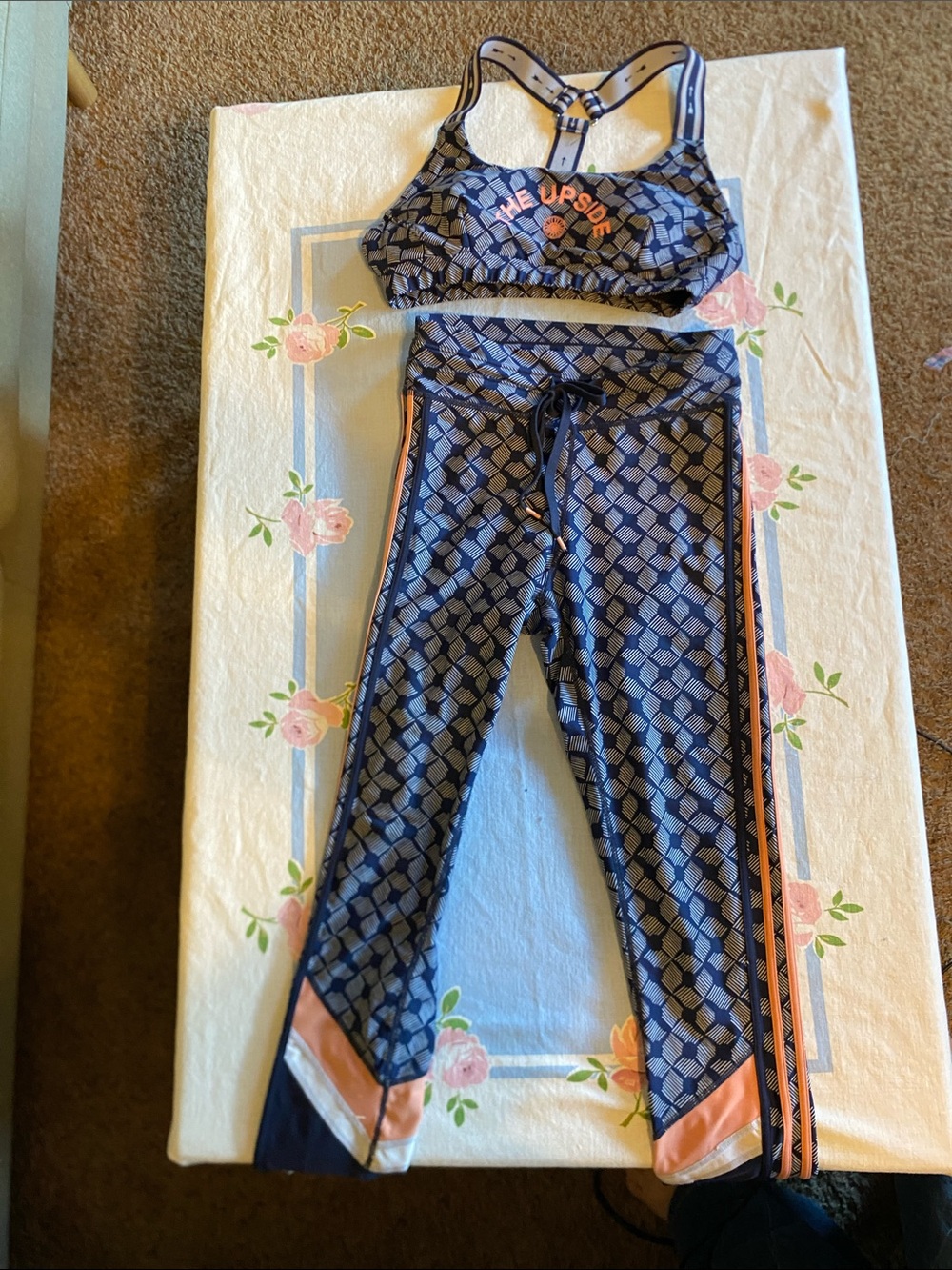 The Upside Navy Geo Print Leggings and bra with Peach Contrast Stripes